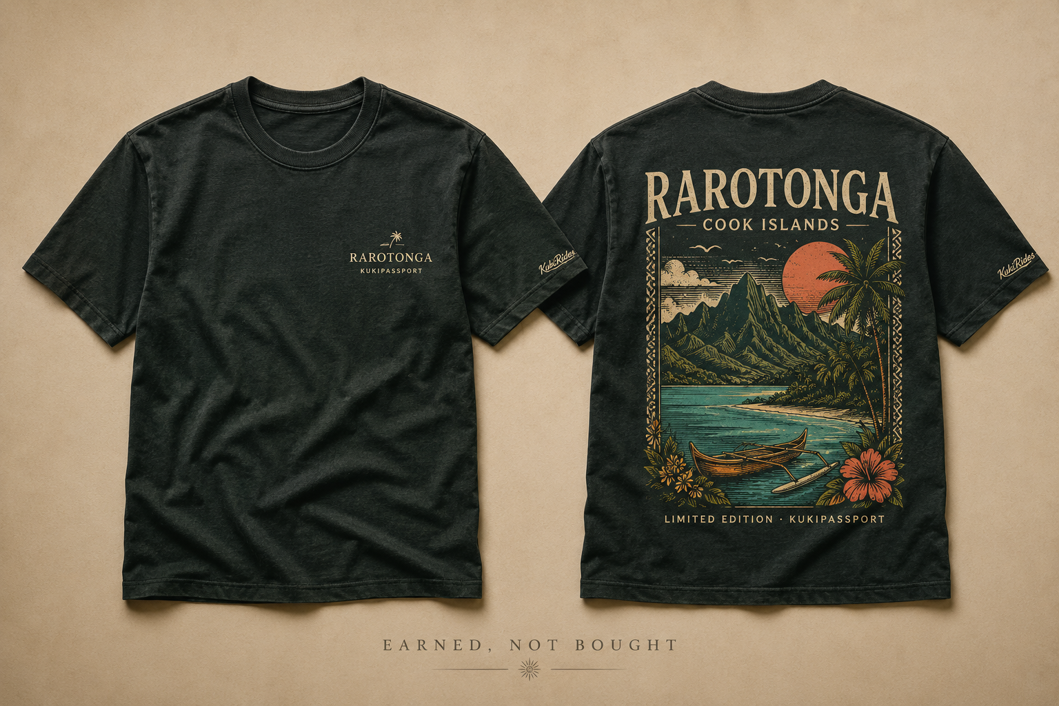 Limited-edition Rarotonga KukiPassport T-shirt, front and back