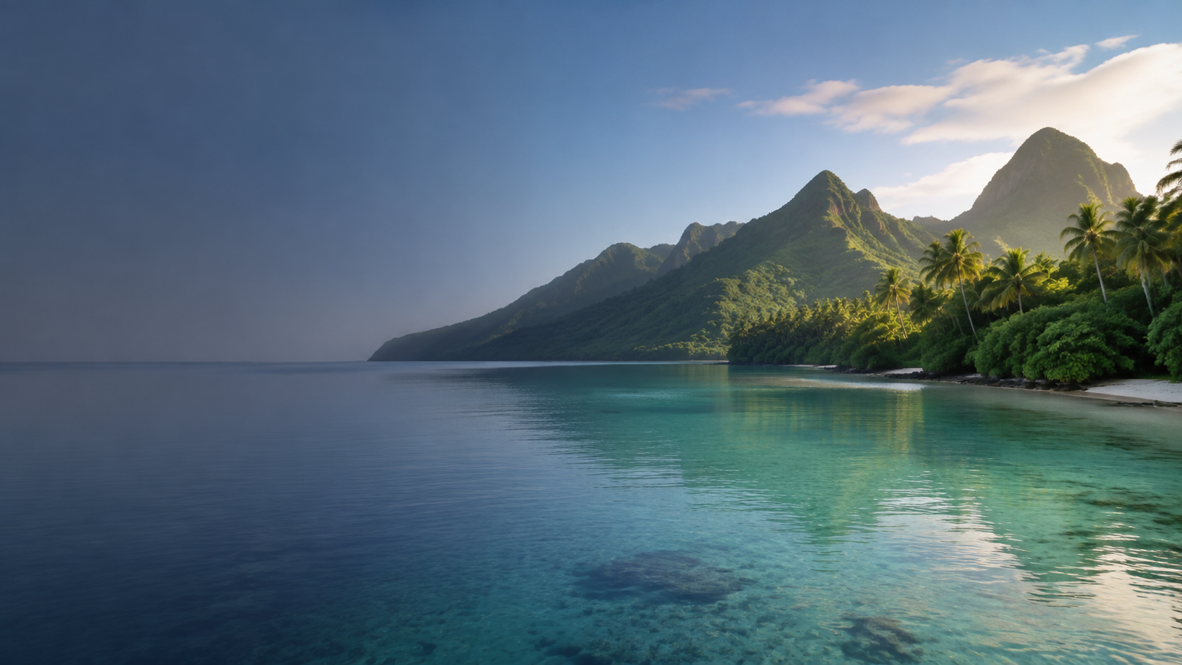 Calm Rarotonga lagoon water below the island's green mountain interior