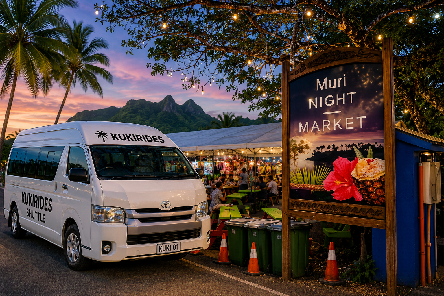 KukiRides van beside the illuminated Muri Night Market in Rarotonga